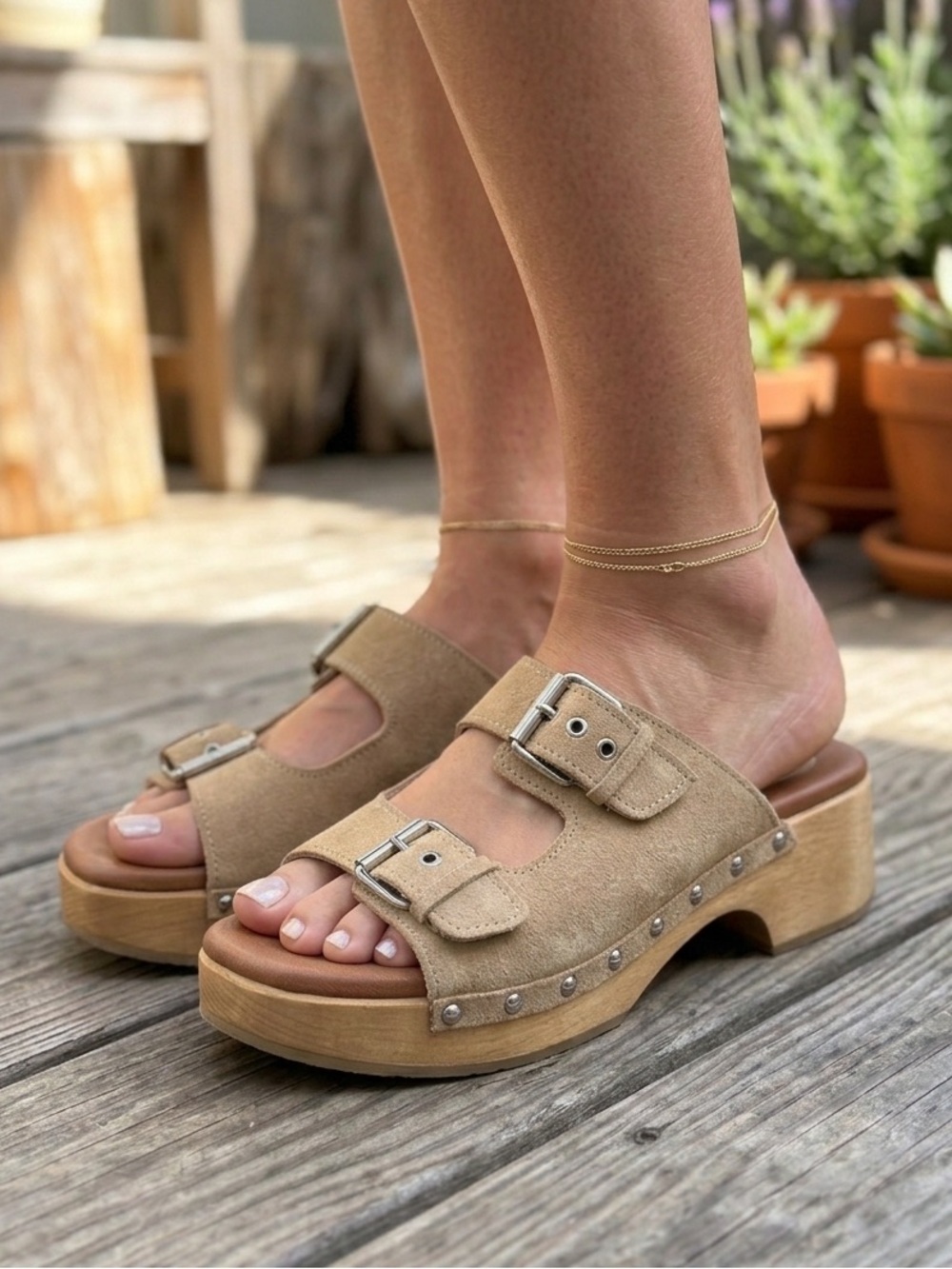 Musse & Cloud Beige Suede Buckle Slide Clogs